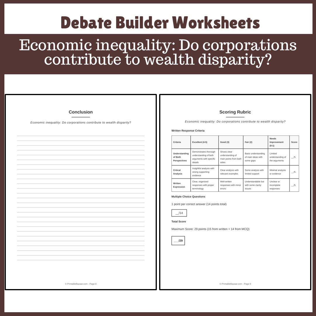 Economic inequality: Do corporations contribute to wealth disparity? | Favour and Against Worksheet Printable Activity