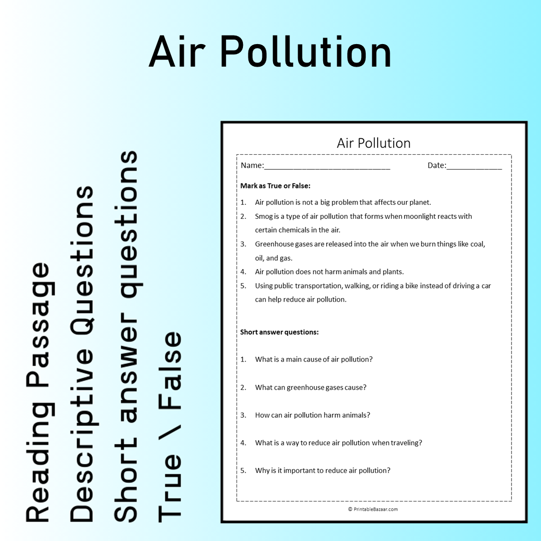 Air Pollution | Reading Comprehension Passage Printable Worksheet