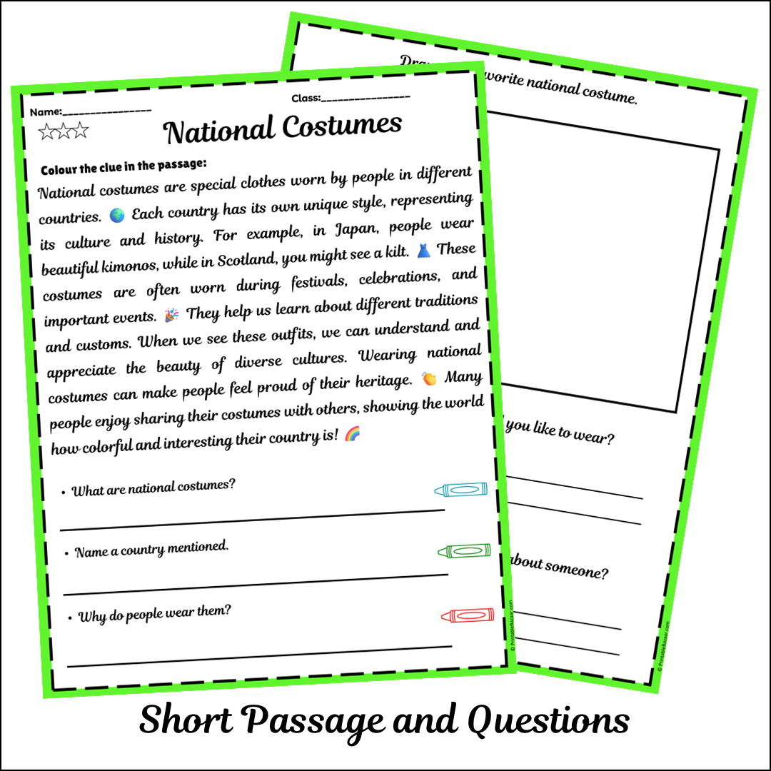 National Costumes | Short Reading Comprehension Creative Worksheet