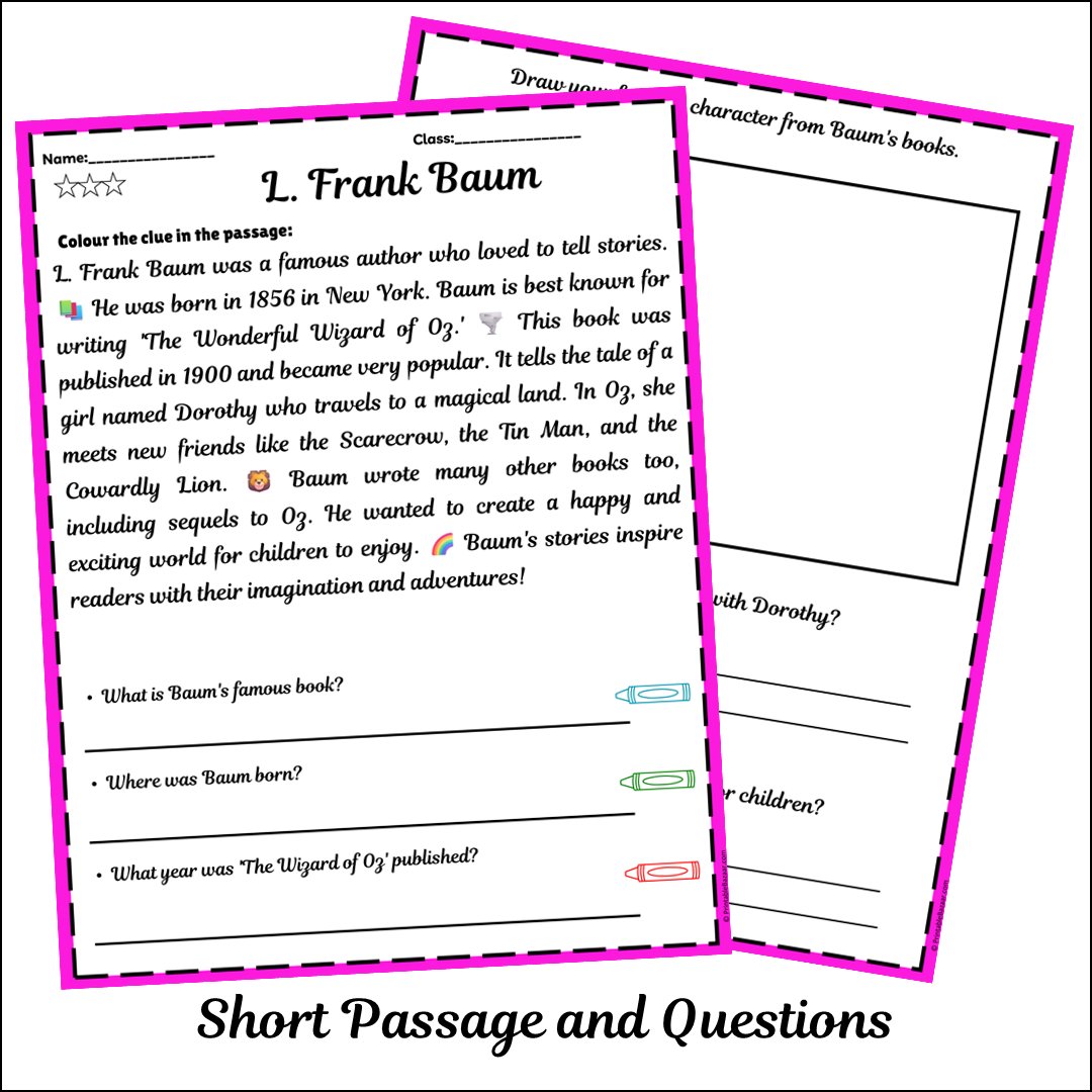 L. Frank Baum | Short Reading Comprehension Creative Worksheet