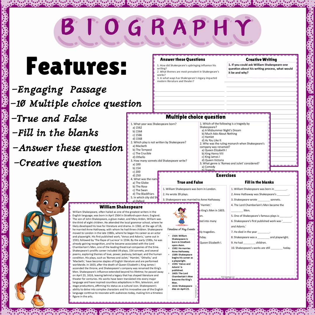 William Shakespeare | Biography Reading Comprehension and Questions Worksheet