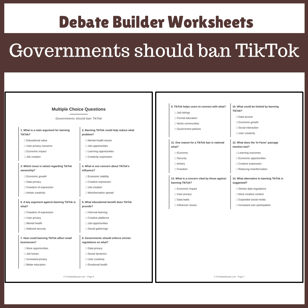 Governments should ban TikTok | Favour and Against Worksheet Printable Activity