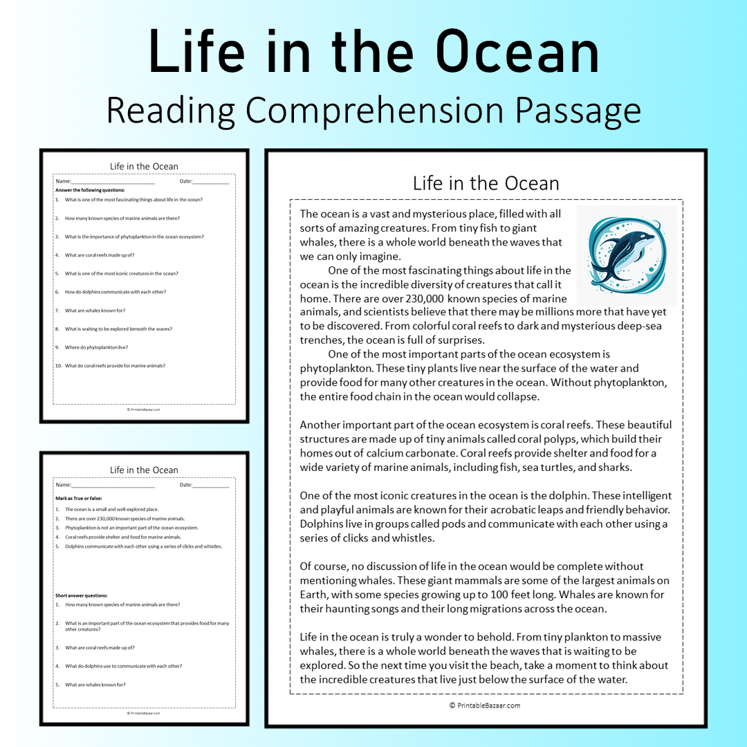 Life in the Ocean | Reading Comprehension Passage Printable Worksheet