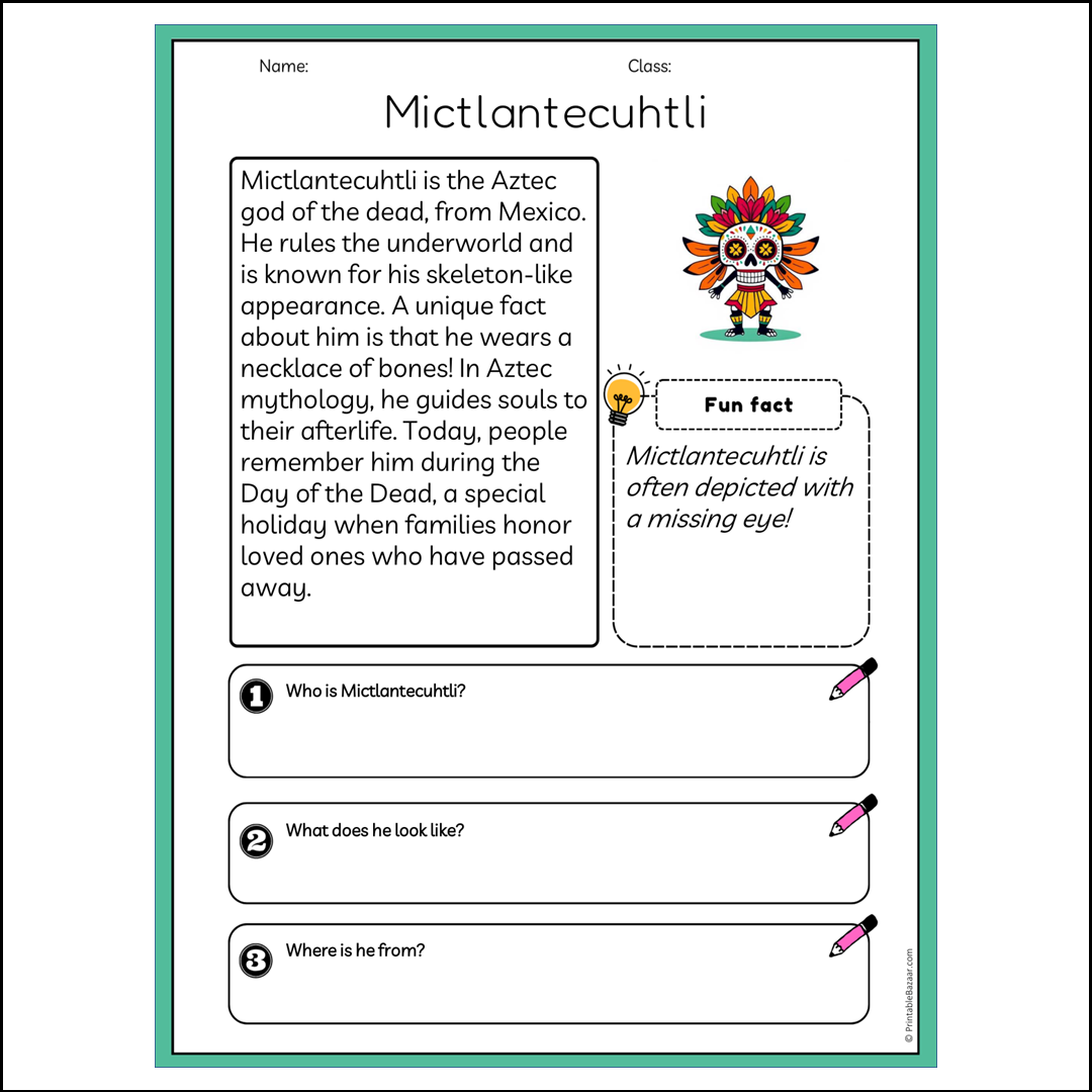 Mictlantecuhtli | Reading Passage Comprehension Questions Writing Facts Worksheet
