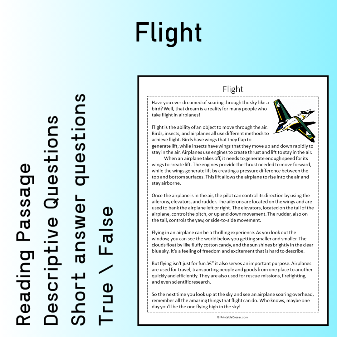Flight | Reading Comprehension Passage Printable Worksheet