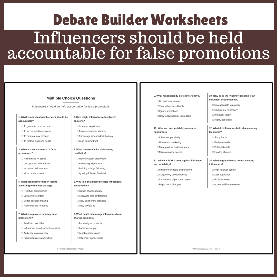 Influencers should be held accountable for false promotions | Favour and Against Worksheet Printable Activity