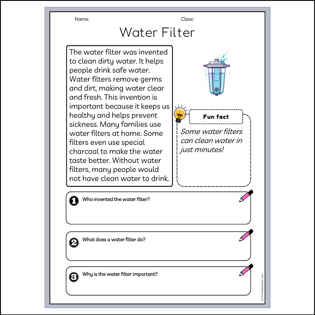 Water Filter | Reading Passage Comprehension Questions Writing Facts Worksheet