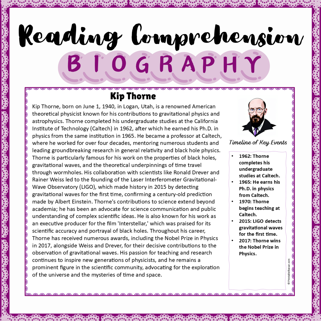 Kip Thorne | Biography Reading Comprehension and Questions Worksheet