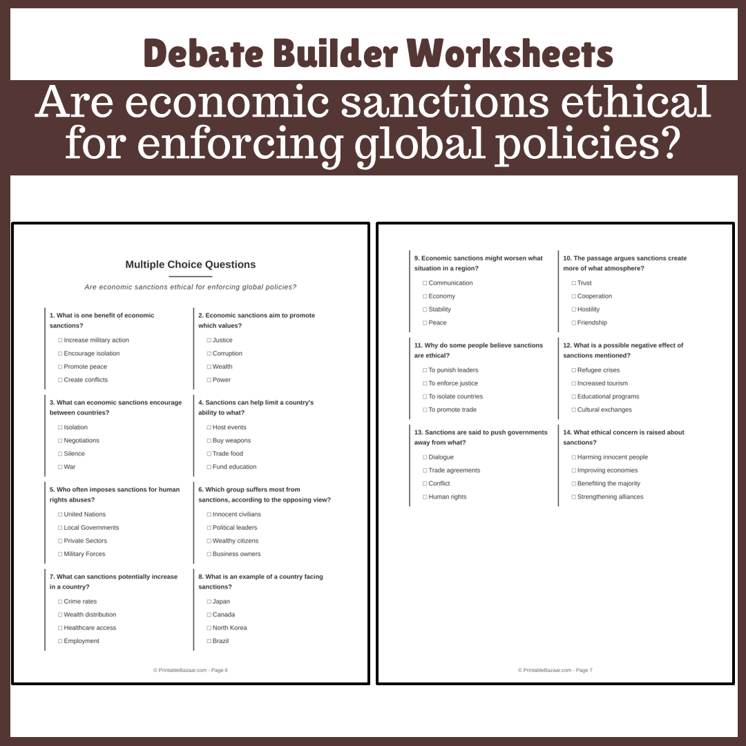 Are economic sanctions ethical for enforcing global policies? | Favour and Against Worksheet Printable Activity