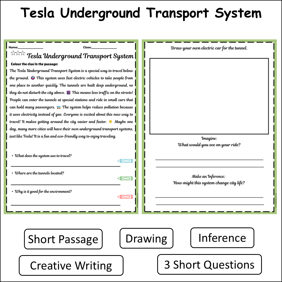 Tesla Underground Transport System | Short Reading Comprehension Creative Worksheet