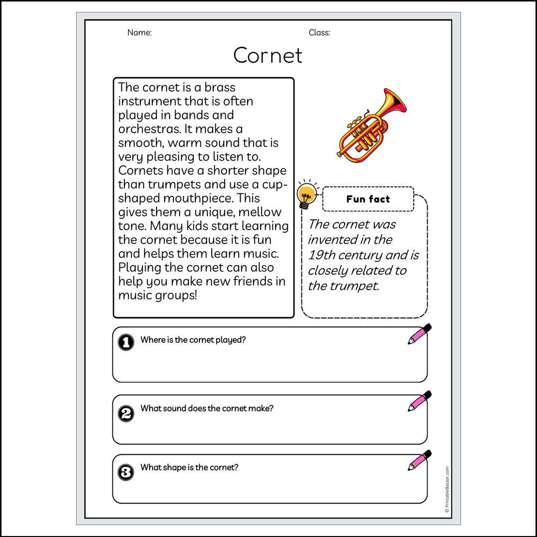 Cornet | Reading Passage Comprehension Questions Writing Facts Worksheet