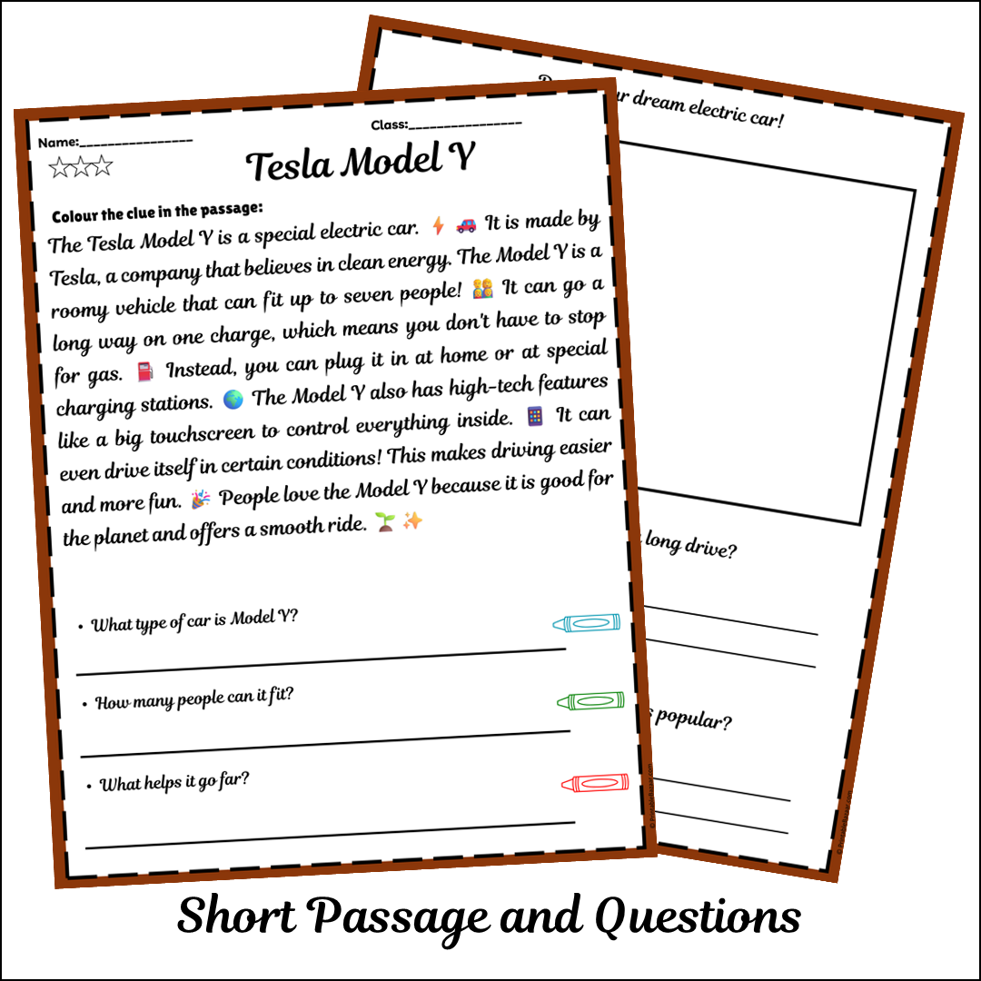 Tesla Model Y | Short Reading Comprehension Creative Worksheet