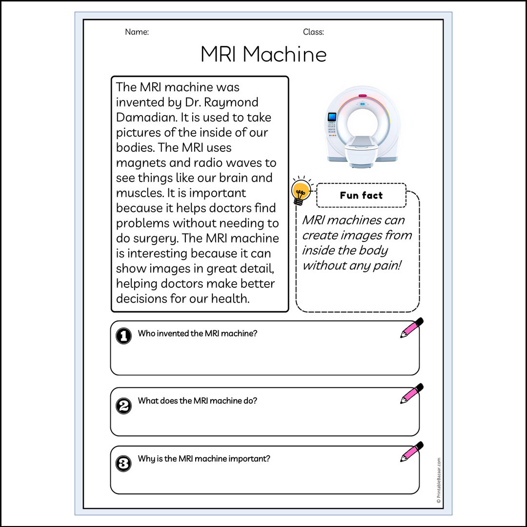 MRI Machine | Reading Passage Comprehension Questions Writing Facts Worksheet