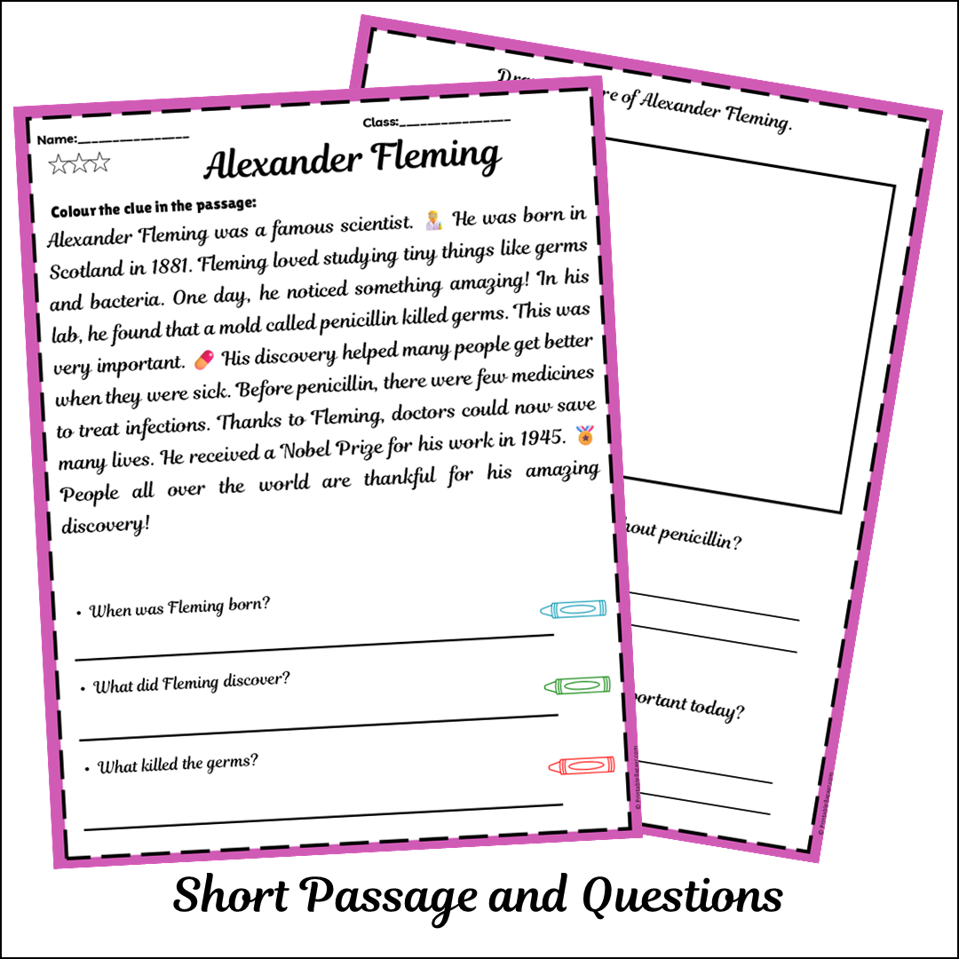 Alexander Fleming | Short Reading Comprehension Creative Worksheet