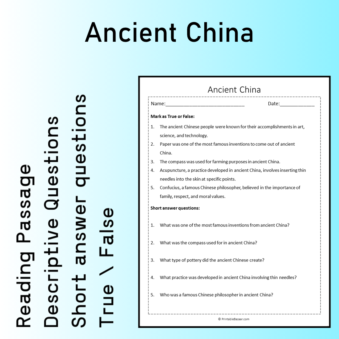 Ancient China | Reading Comprehension Passage Printable Worksheet
