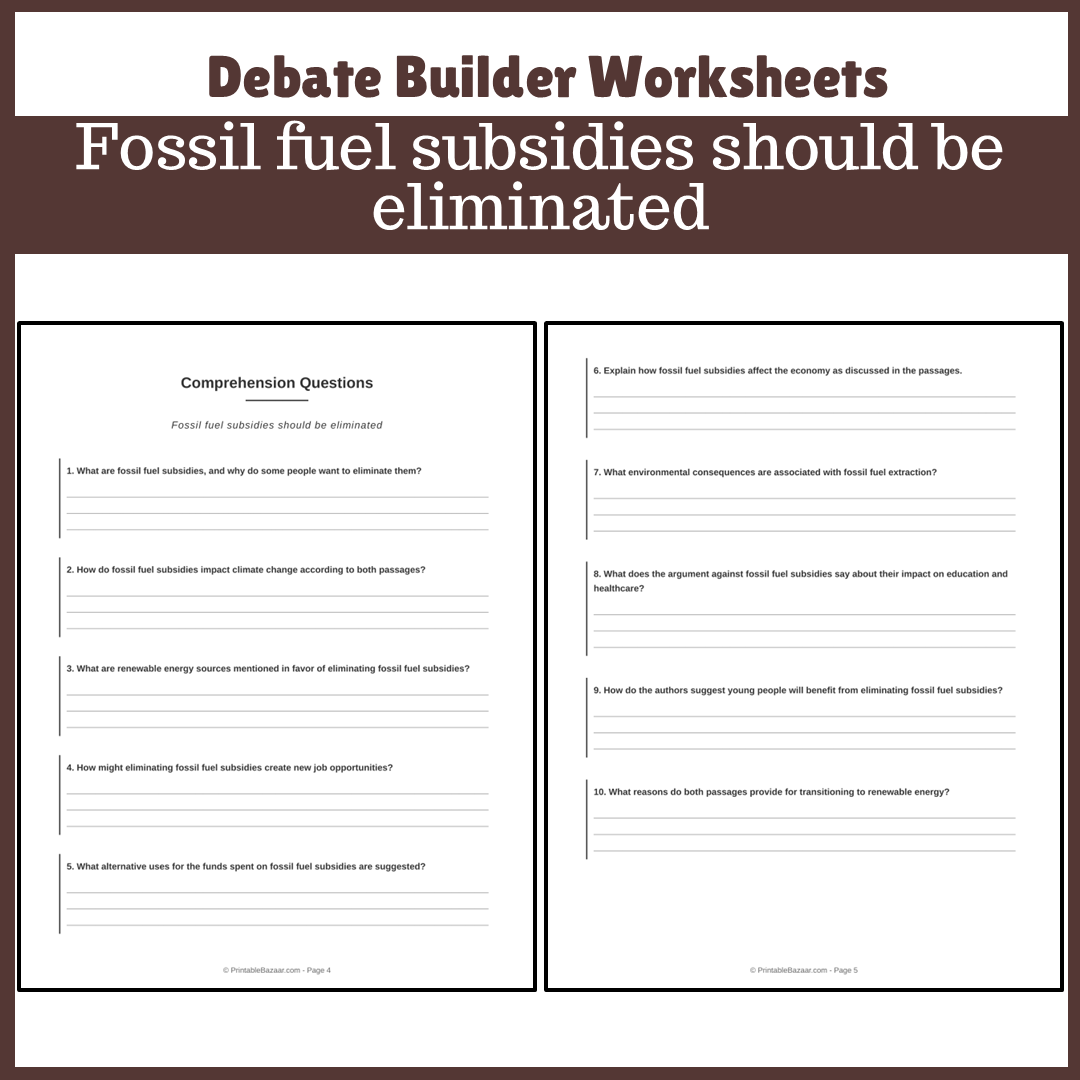 Fossil fuel subsidies should be eliminated | Favour and Against Worksheet Printable Activity