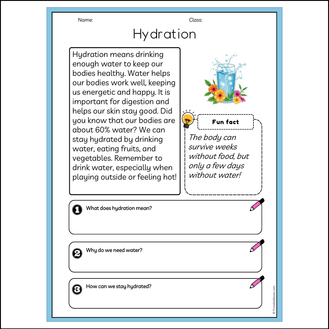 Hydration | Reading Passage Comprehension Questions Writing Facts Worksheet