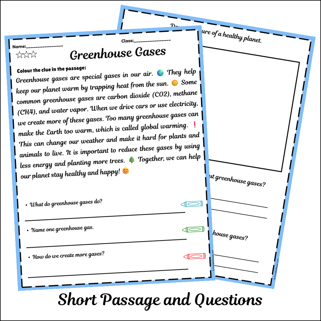 Greenhouse Gases | Short Reading Comprehension Creative Worksheet