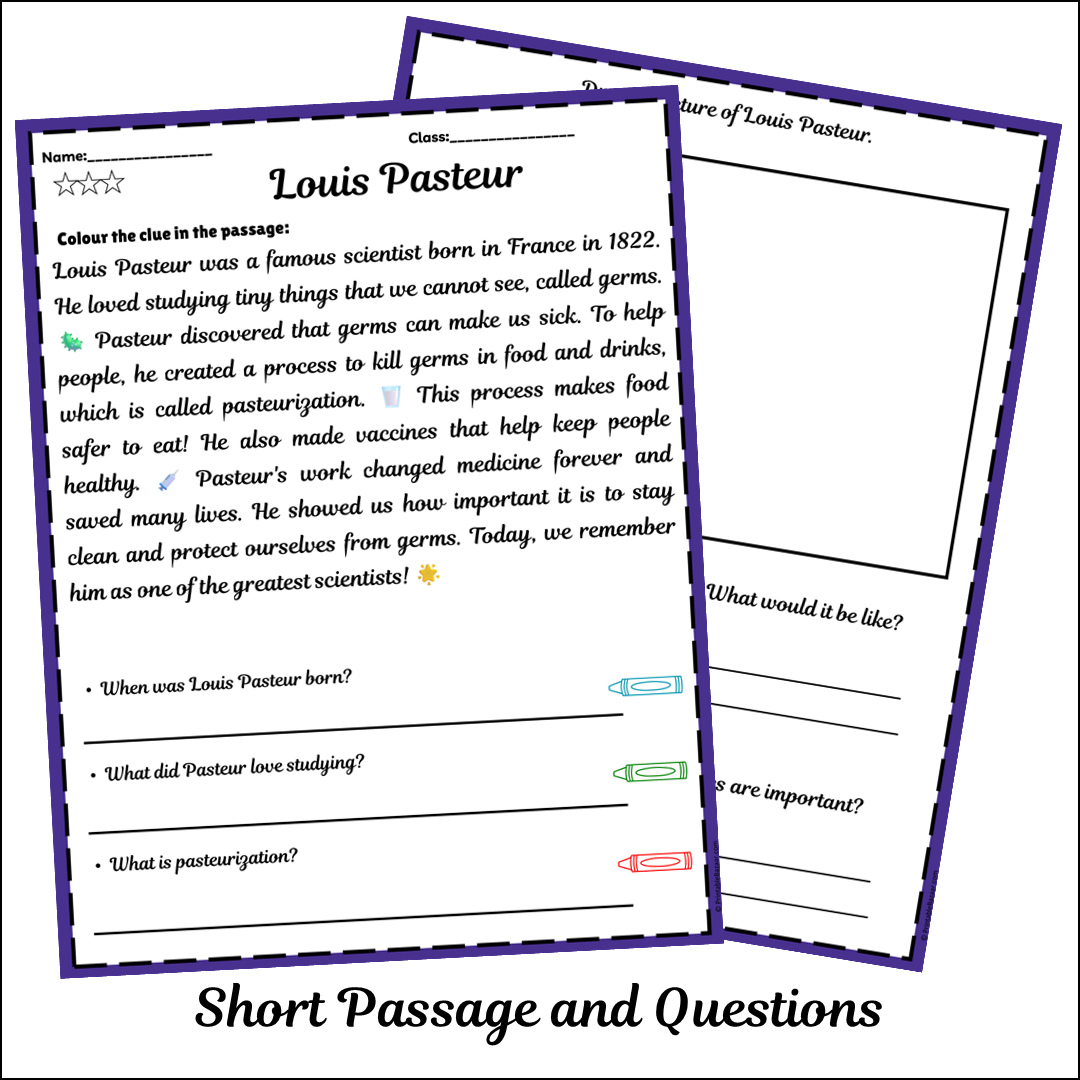 Louis Pasteur | Short Reading Comprehension Creative Worksheet