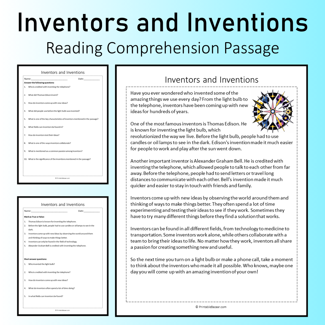 Inventors and Inventions | Reading Comprehension Passage Printable Worksheet