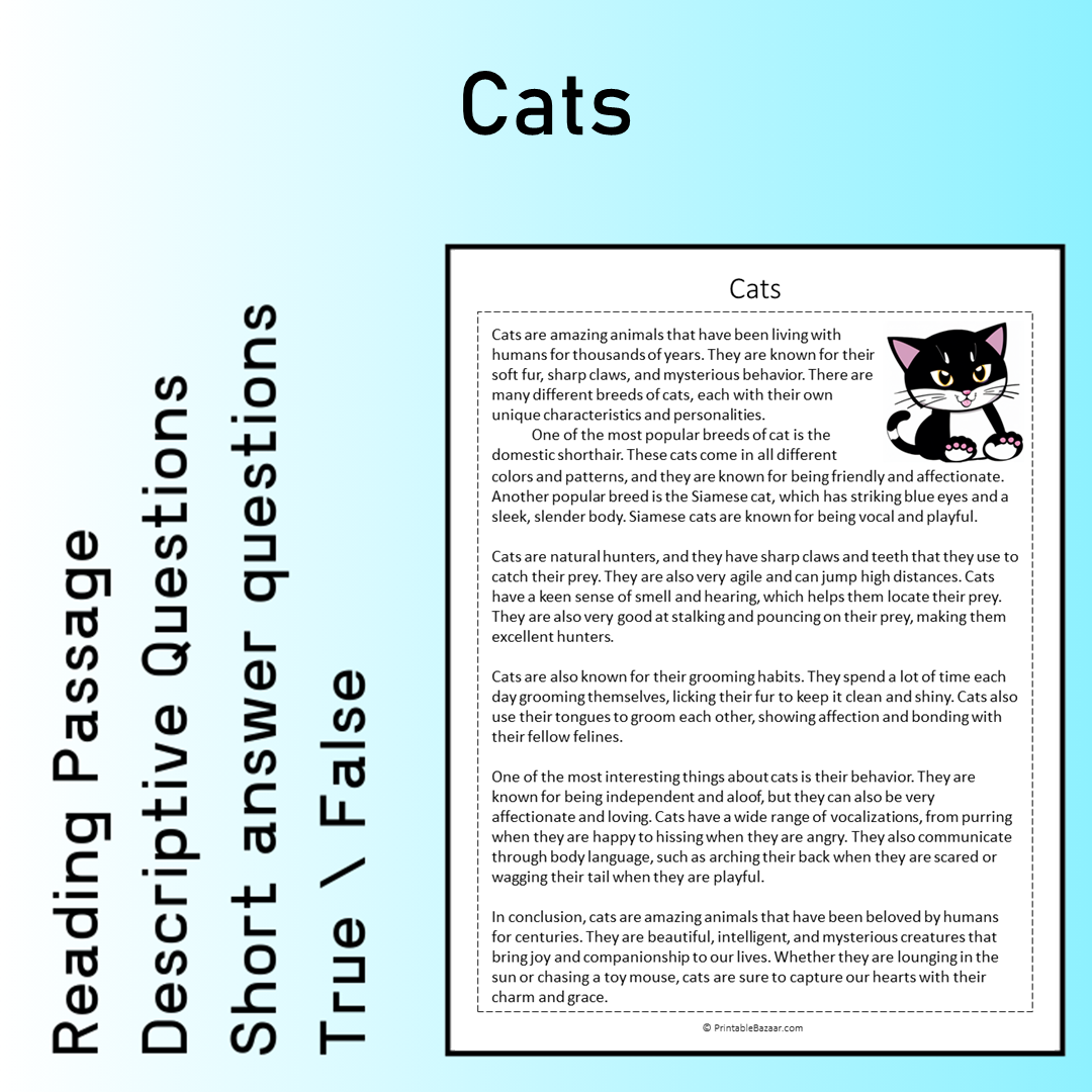 Cats | Reading Comprehension Passage Printable Worksheet