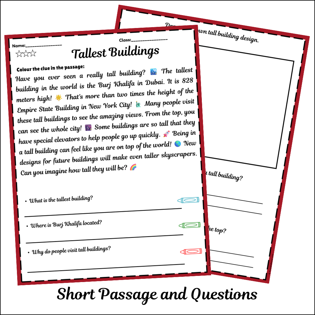Tallest Buildings | Short Reading Comprehension Creative Worksheet