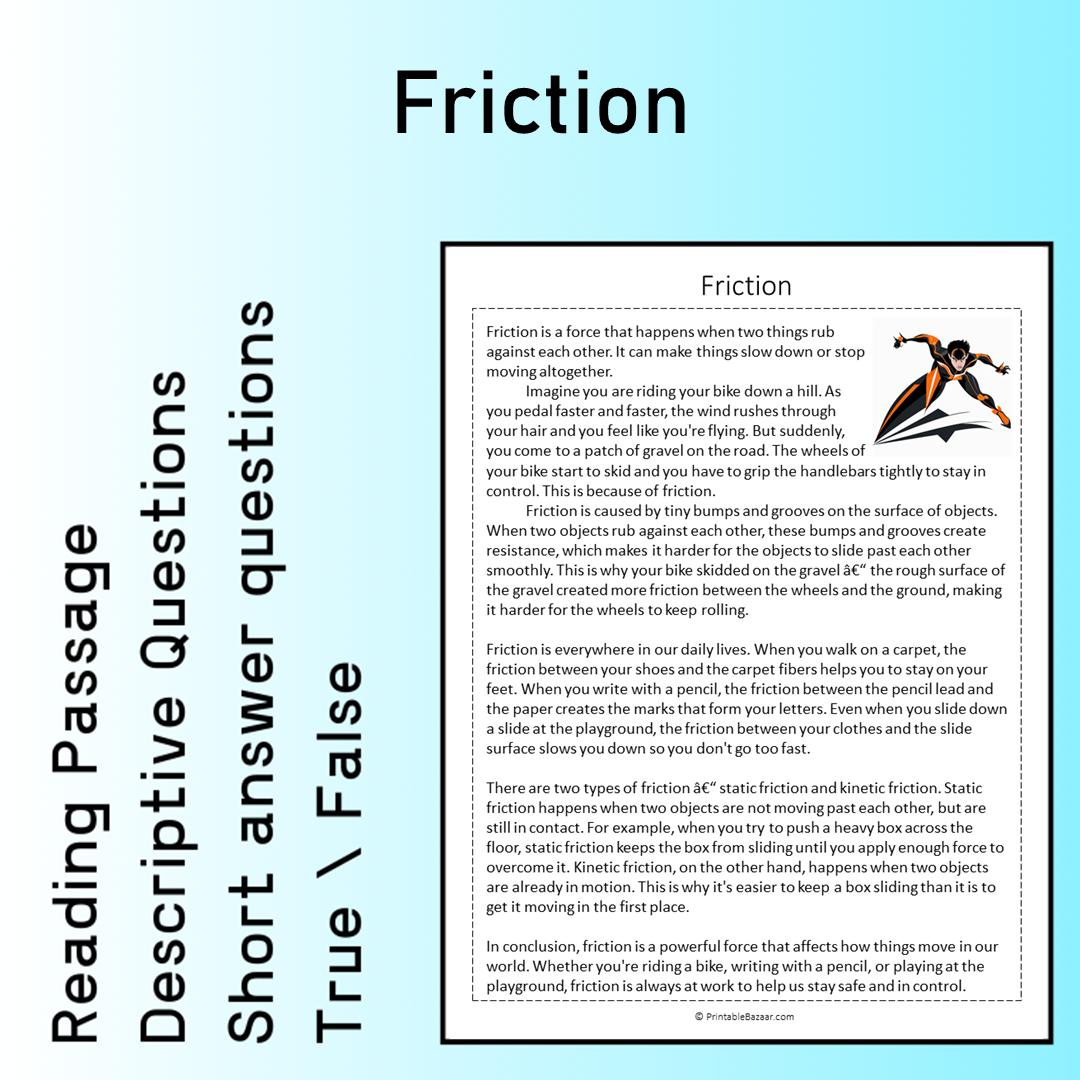 Friction | Reading Comprehension Passage Printable Worksheet