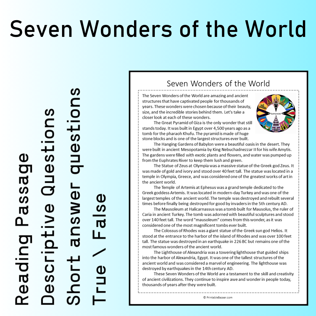 Seven Wonders of the World | Reading Comprehension Passage Printable Worksheet