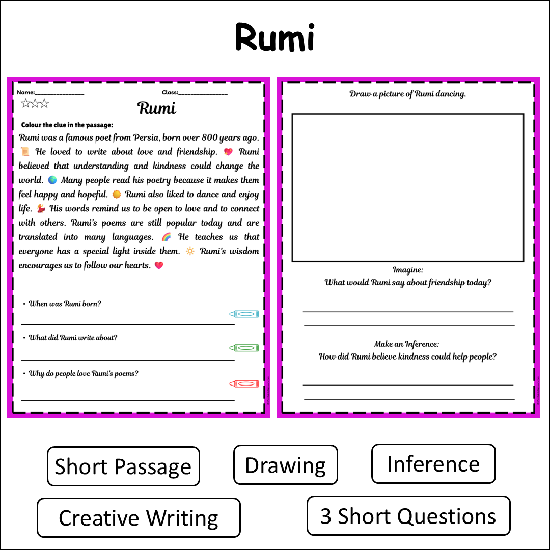 Rumi | Short Reading Comprehension Creative Worksheet