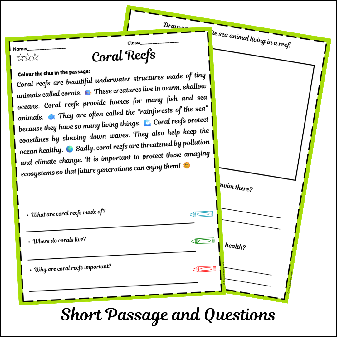 Coral Reefs | Short Reading Comprehension Creative Worksheet