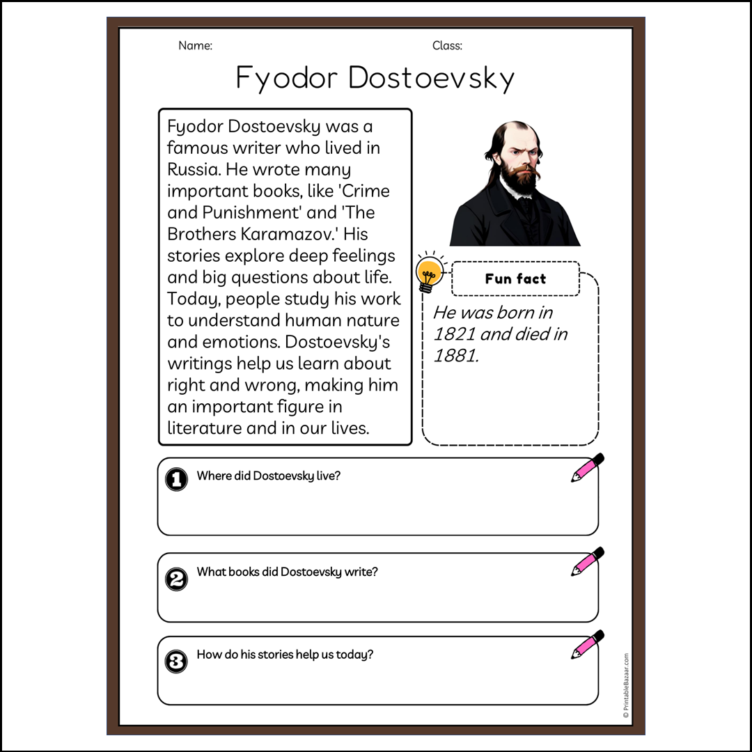 Fyodor Dostoevsky | Reading Passage Comprehension Questions Writing Facts Worksheet