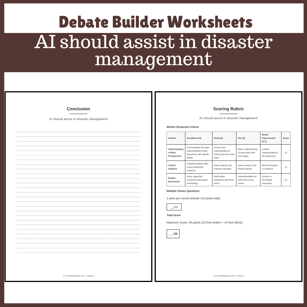 AI should assist in disaster management | Favour and Against Worksheet Printable Activity