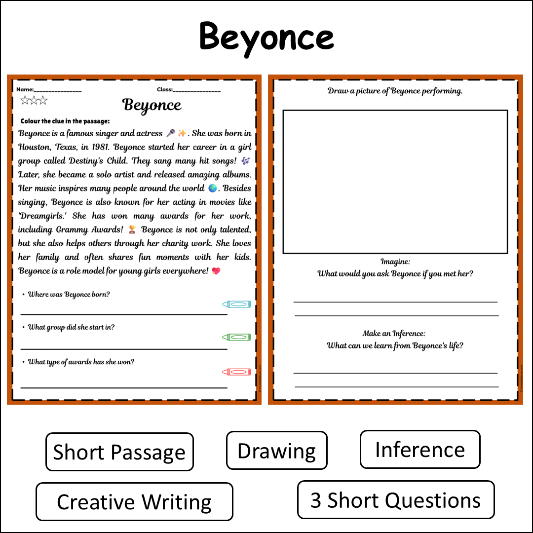 Beyonce | Short Reading Comprehension Creative Worksheet