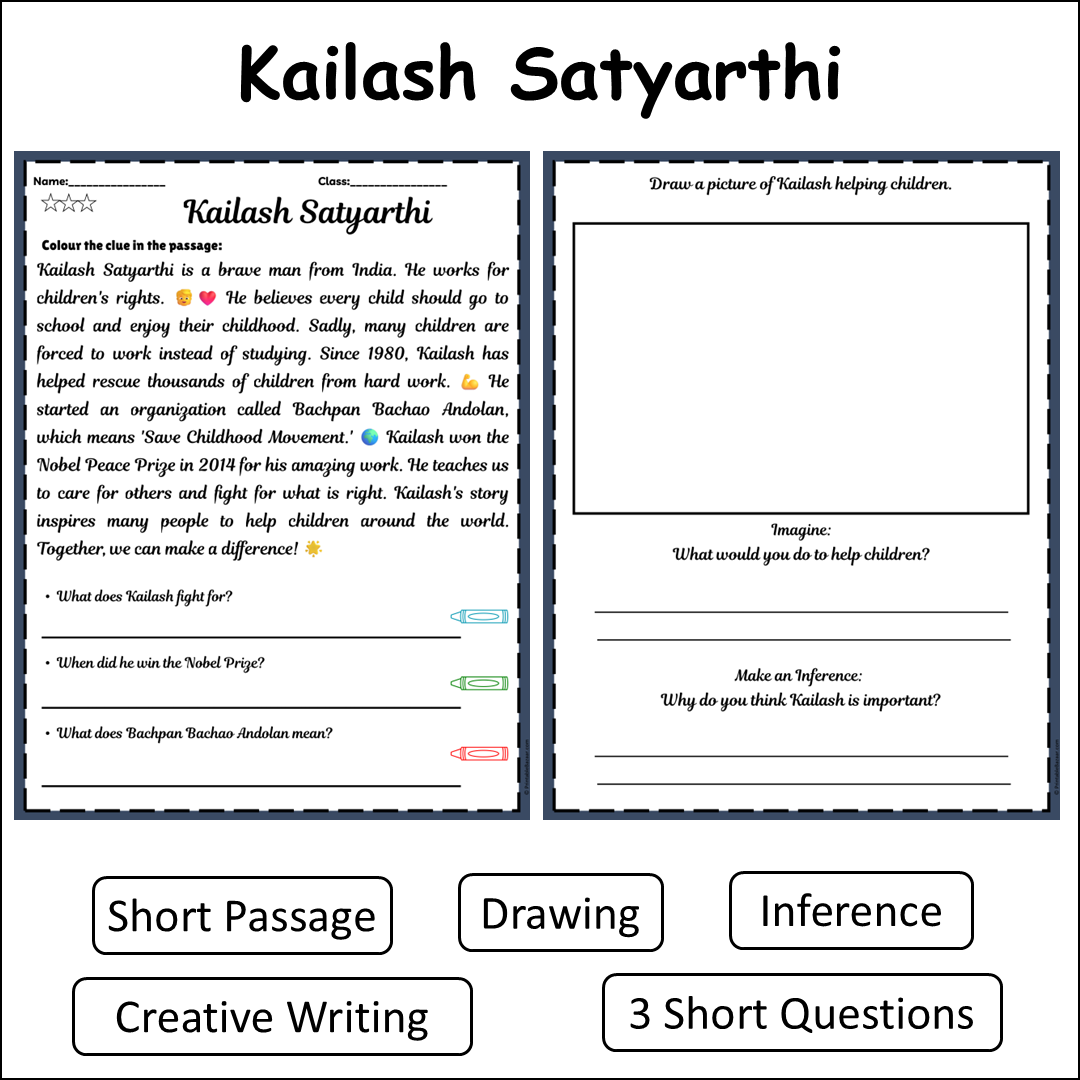 Kailash Satyarthi | Short Reading Comprehension Creative Worksheet