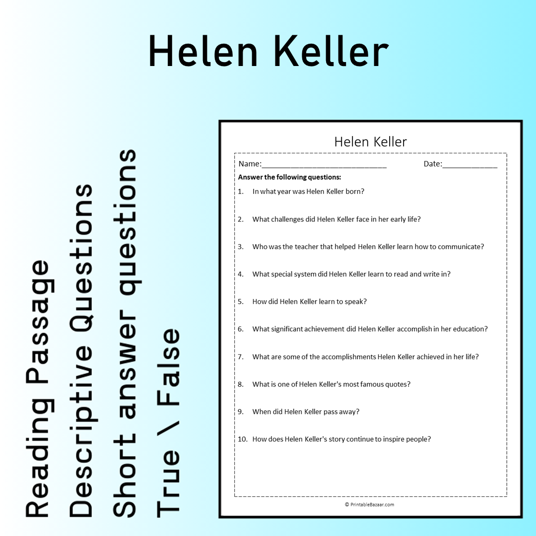 Helen Keller | Reading Comprehension Passage Printable Worksheet