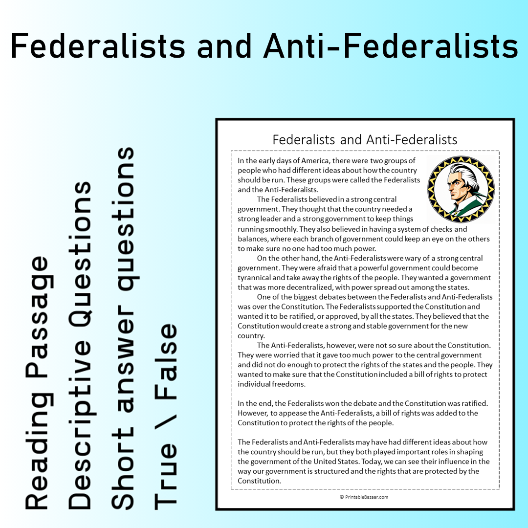 Federalists and Anti-Federalists | Reading Comprehension Passage Printable Worksheet