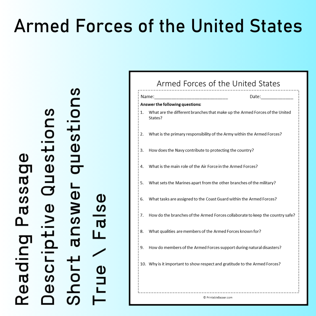 Armed Forces of the United States | Reading Comprehension Passage Printable Worksheet