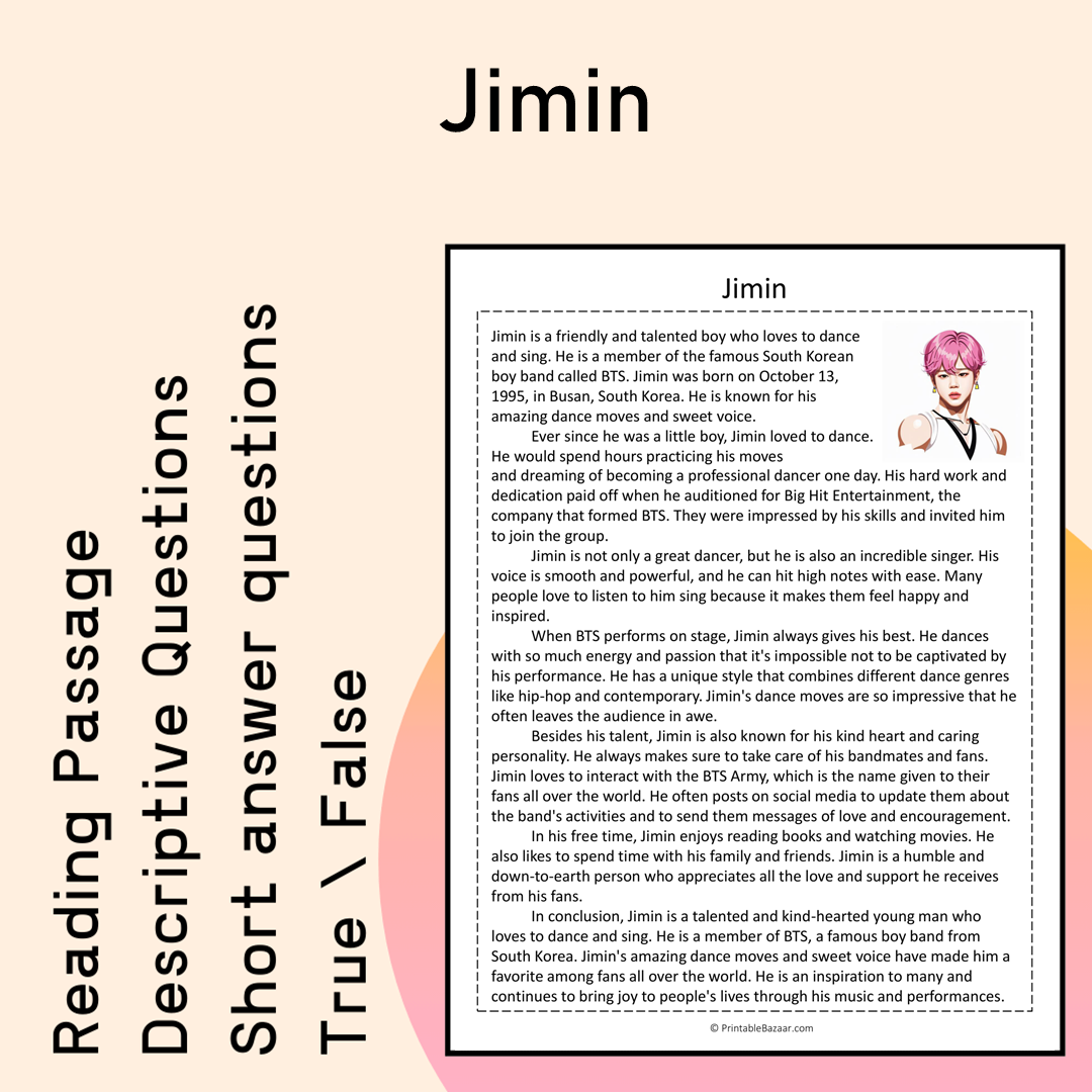 Jimin | Reading Comprehension Passage Printable Activity
