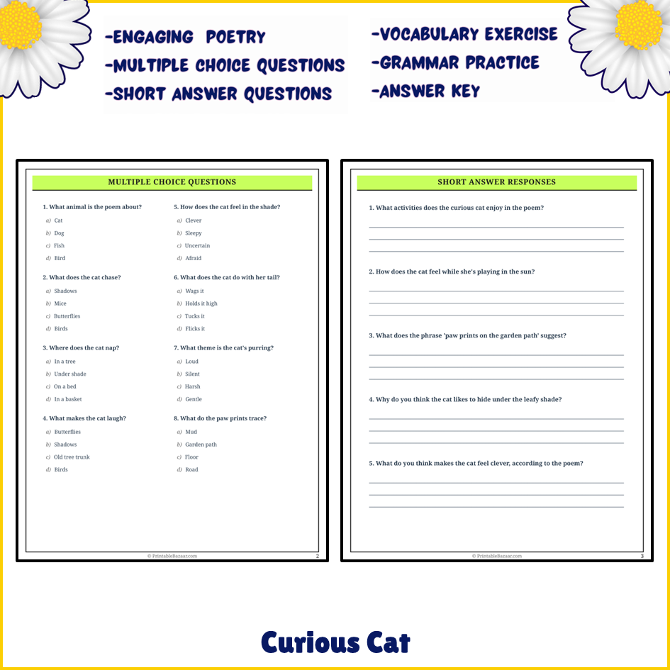 Curious Cat | Poem Grammar Worksheet Printable Activity