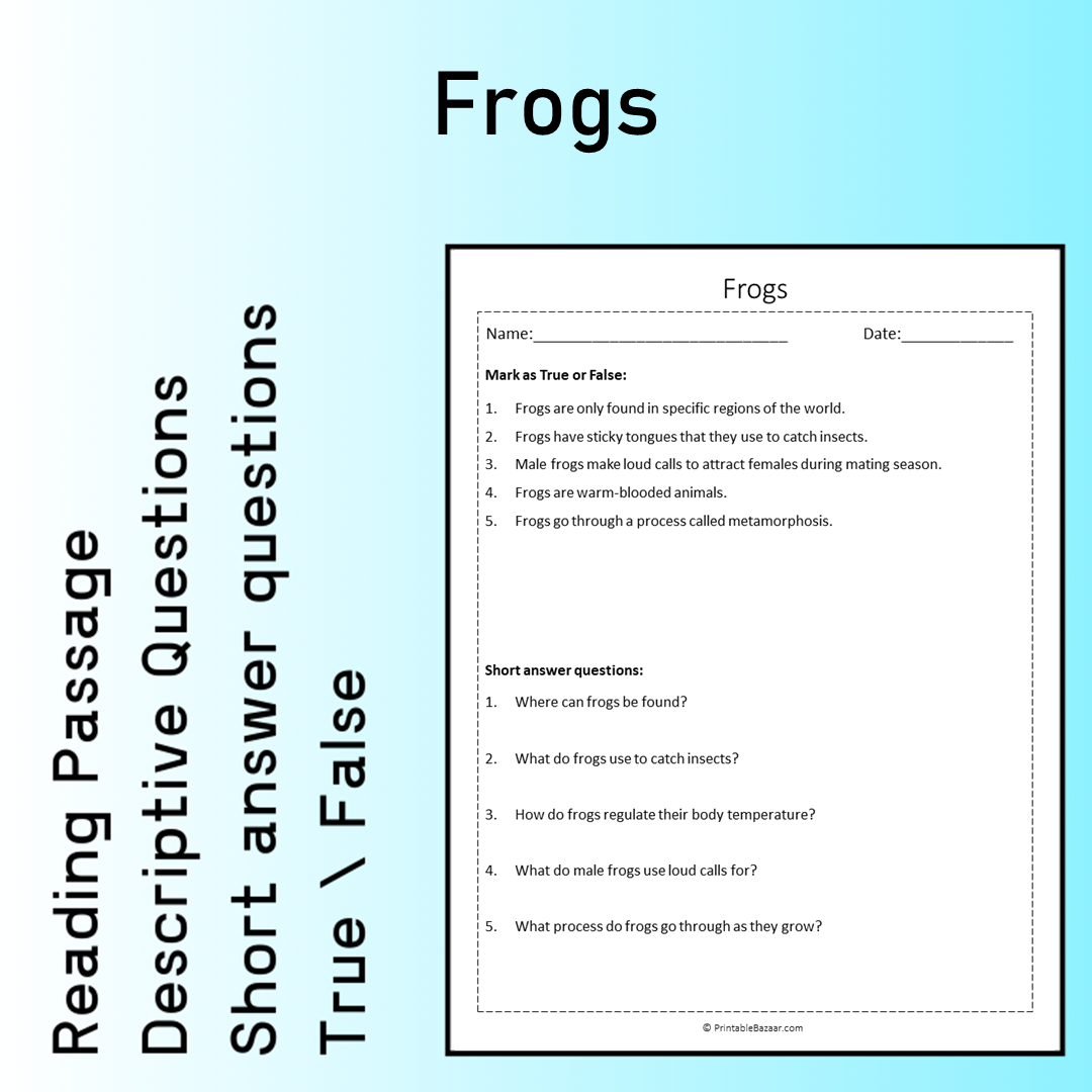 Frogs | Reading Comprehension Passage Printable Worksheet