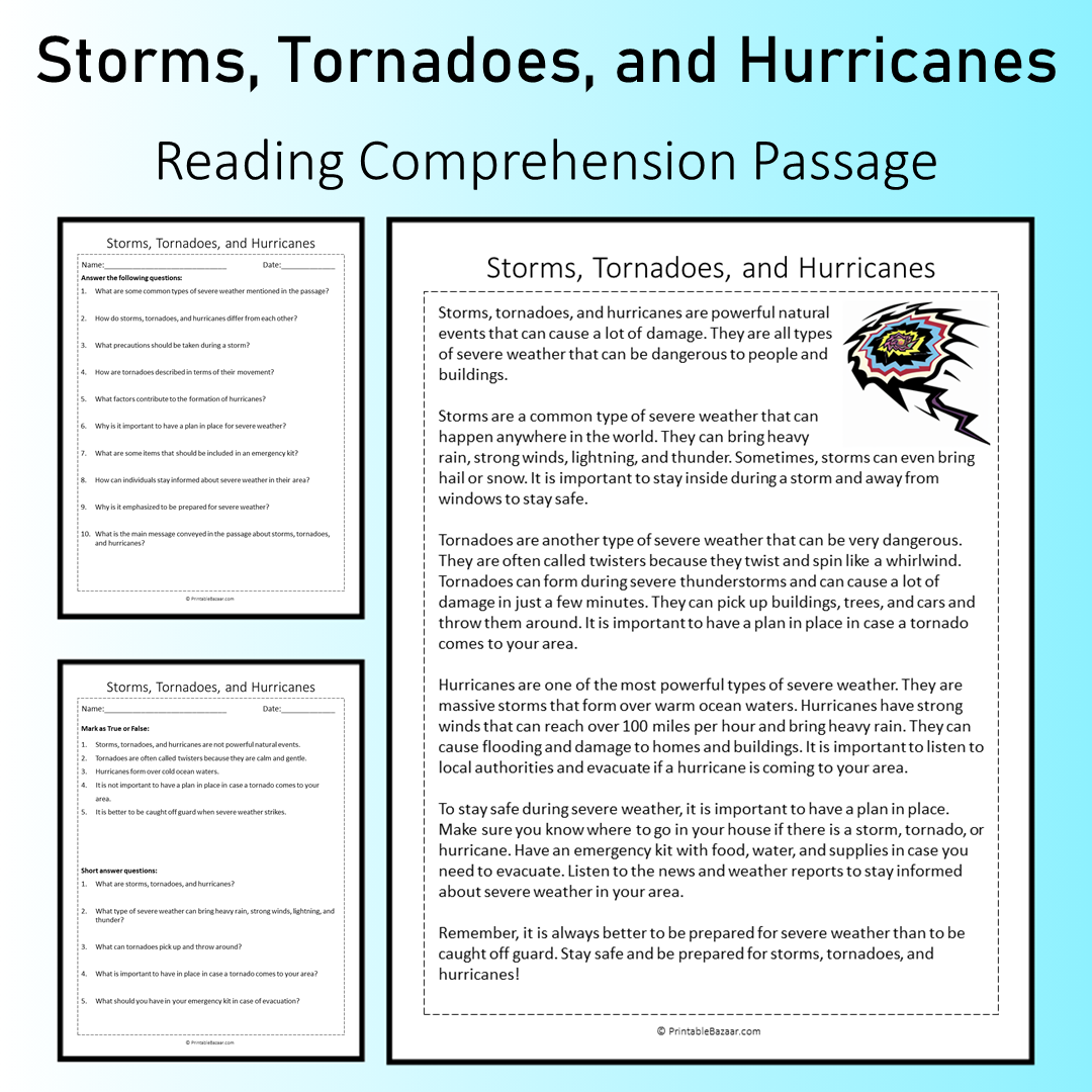 Storms, Tornadoes, and Hurricanes | Reading Comprehension Passage Printable Worksheet