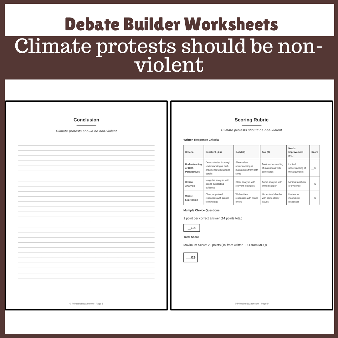 Climate protests should be non-violent | Favour and Against Worksheet Printable Activity