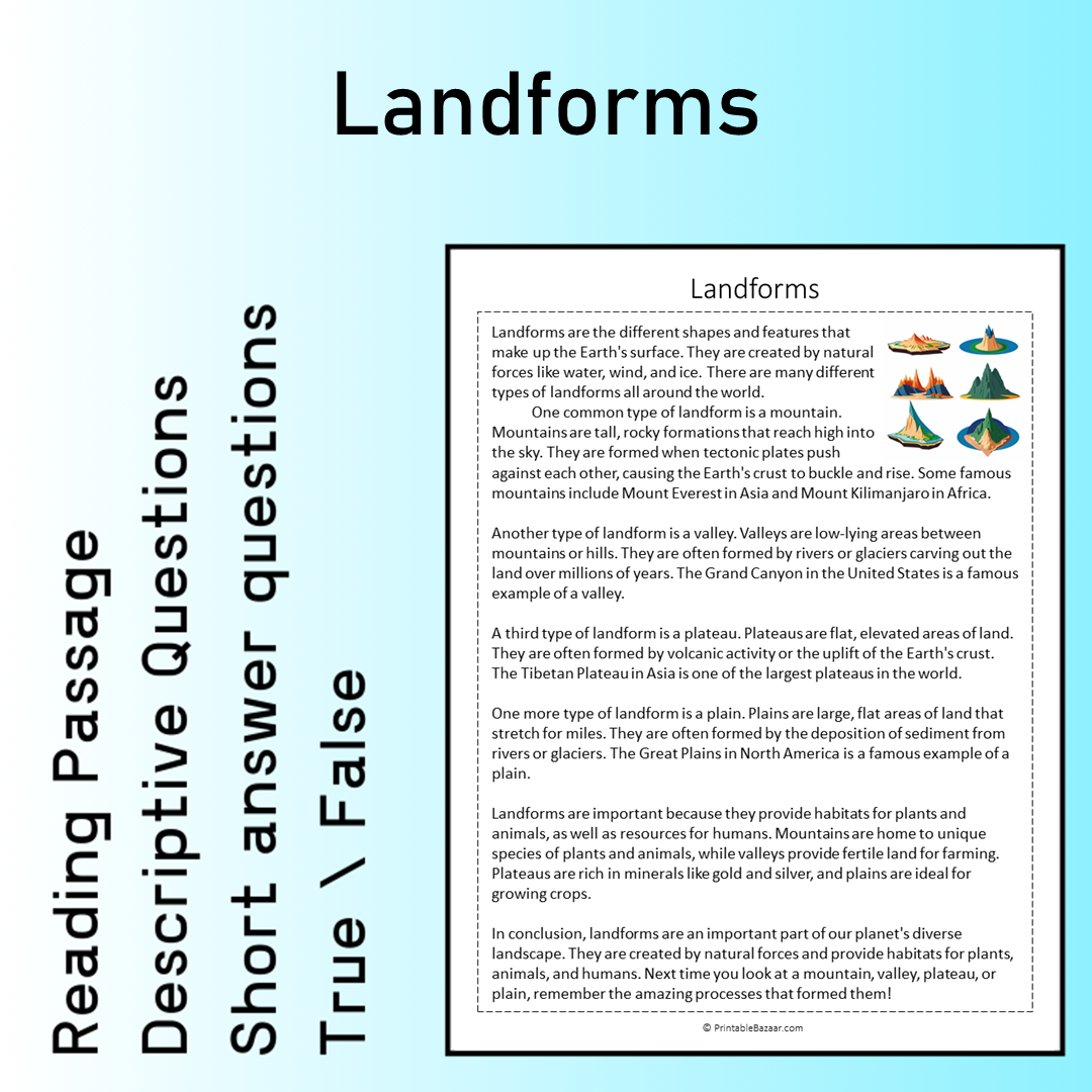 Landforms | Reading Comprehension Passage Printable Worksheet