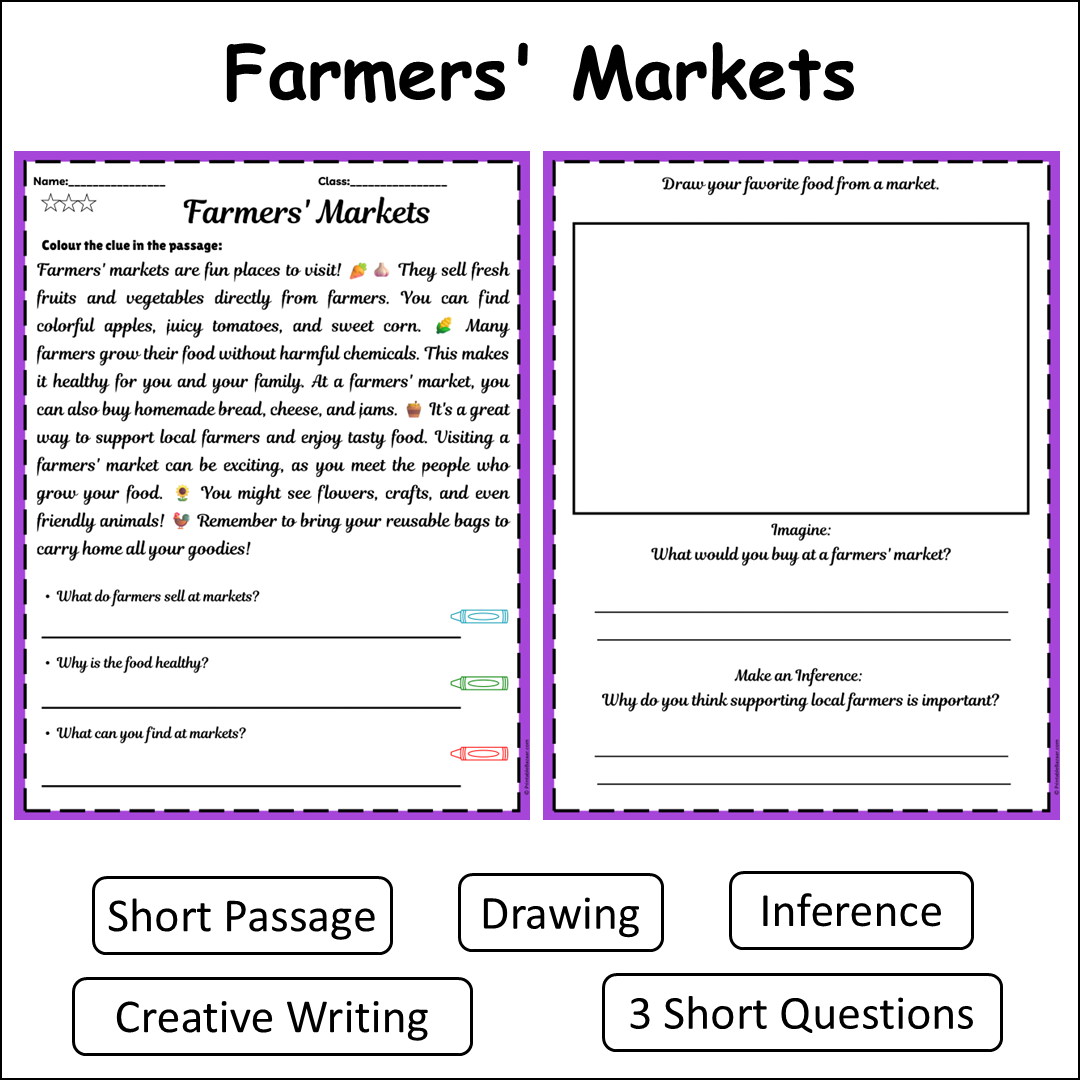 Farmers' Markets | Short Reading Comprehension Creative Worksheet