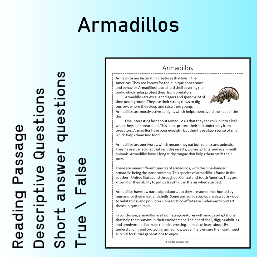 Armadillos | Reading Comprehension Passage Printable Worksheet