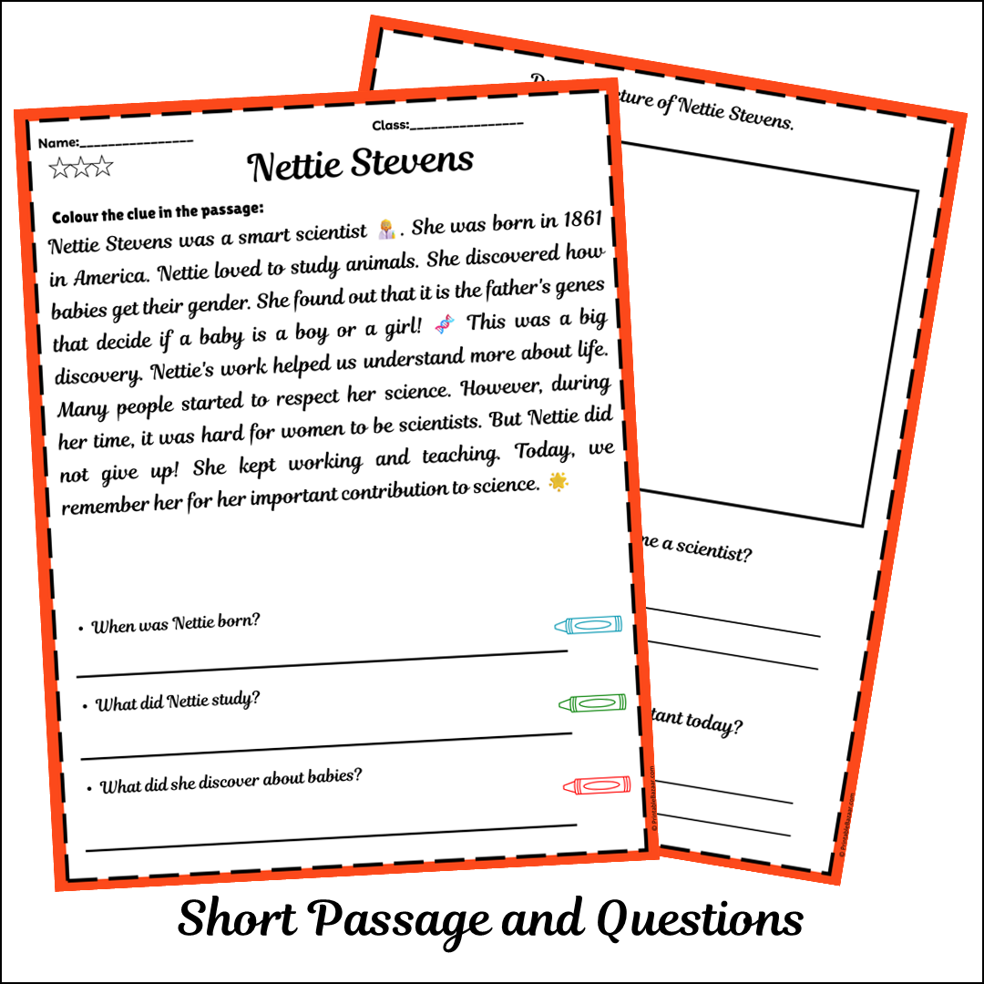 Nettie Stevens | Short Reading Comprehension Creative Worksheet