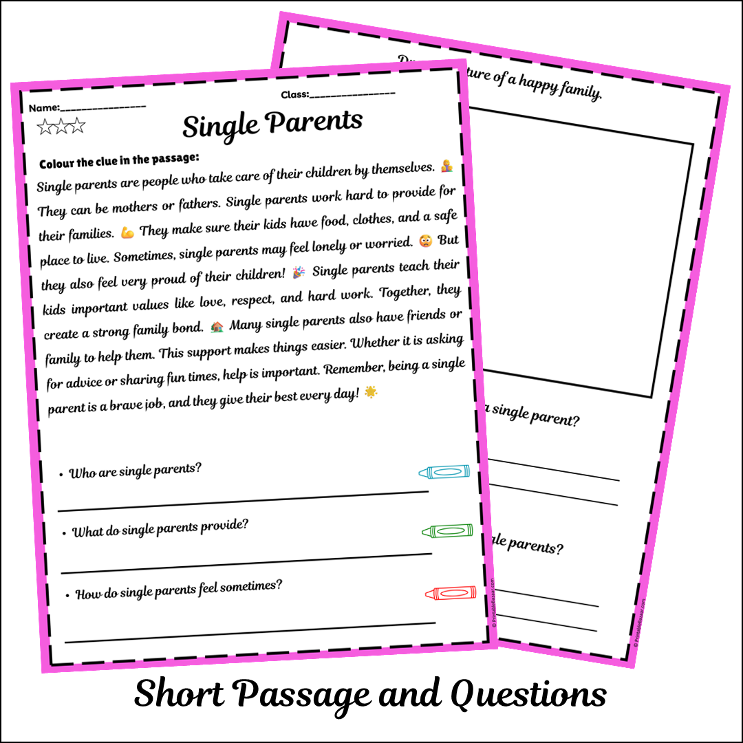 Single Parents | Short Reading Comprehension Creative Worksheet