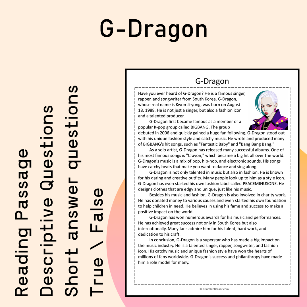 G-Dragon | Reading Comprehension Passage Printable Activity