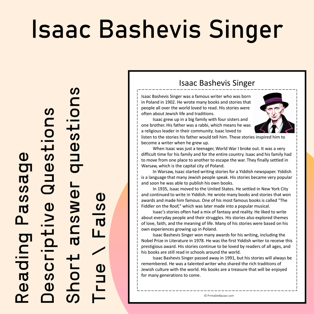 Isaac Bashevis Singer | Reading Comprehension Passage Printable Activity