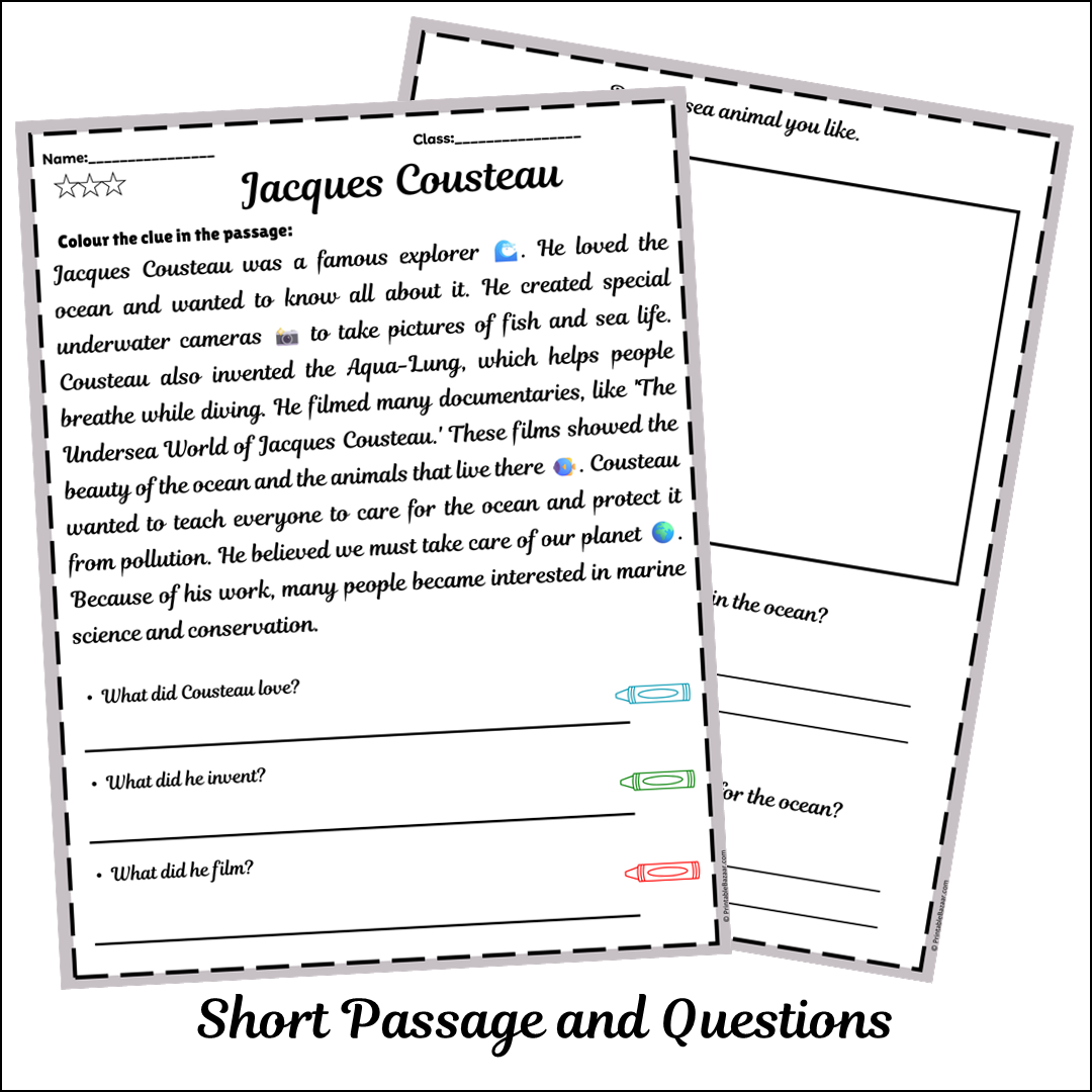 Jacques Cousteau | Short Reading Comprehension Creative Worksheet